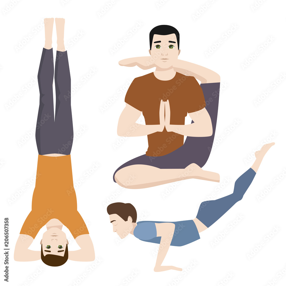 Yoga positions mans characters class meditation male concentration human peace lifestyle vector illustration. Yoga positions mans characters class meditation male concentration human peace lifestyle vector illustration.