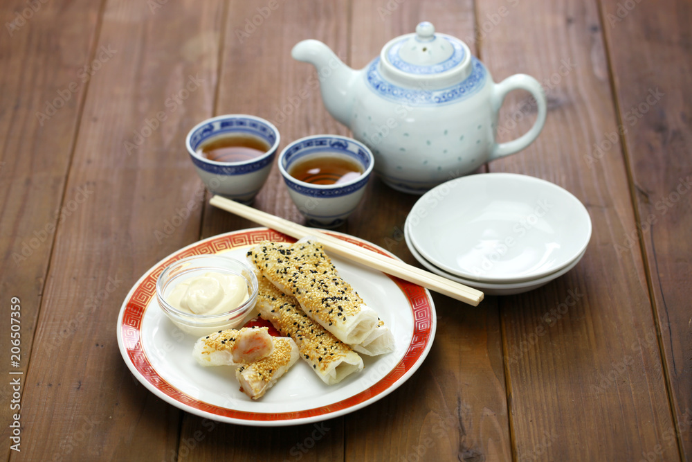 sesame wafer prawn rolls, chinese dim sum sesame wafer prawn rolls, chinese dim sum