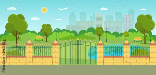Gate and fence in the park. Summer landscape. Vector flat style illustration