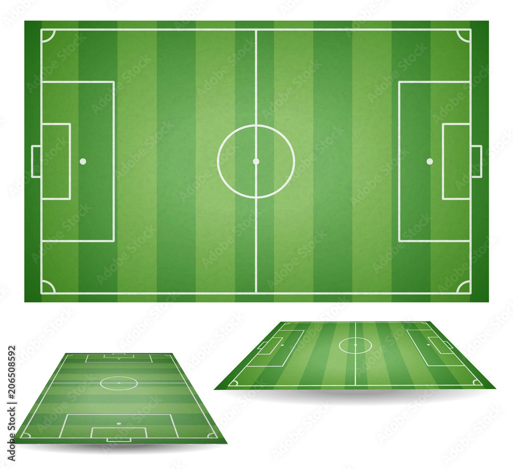 Fototapeta premium Set of top and side view of football fields. Textured soccer field. Green playground background. Vector collection illustration