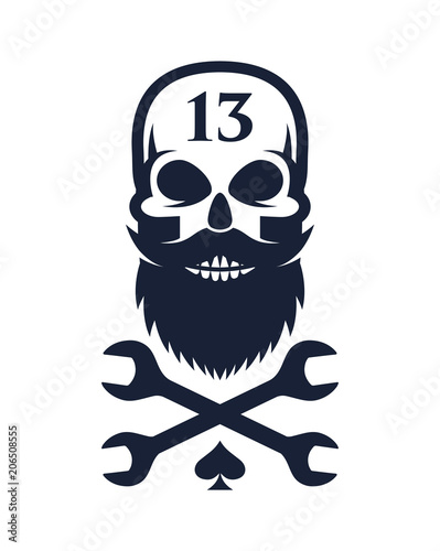 Bearded Skull and crossed wrenches.