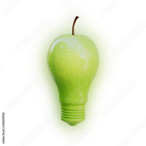 Apple shaped as a light bulb glowing on white background. Innovation, idea and creativity concept.