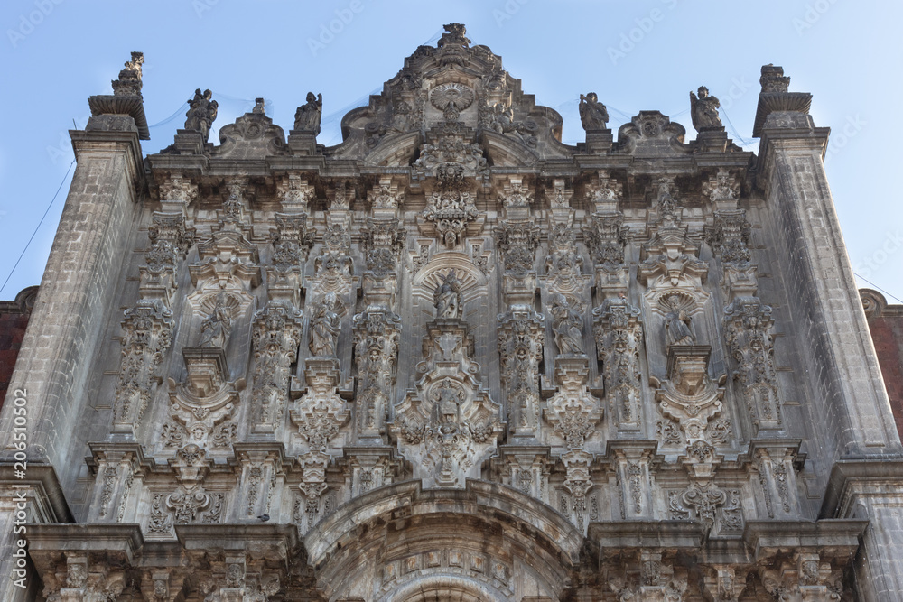 Facade of a beautiful, old cathedral at Zocalo Square in Mexico City