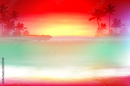 Colorful background with sea and palm trees. Sunset time. EPS10 vector.
