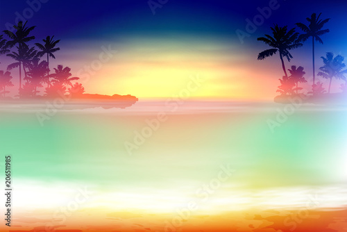 Colorful sea sunset with palm trees. EPS10 vector.