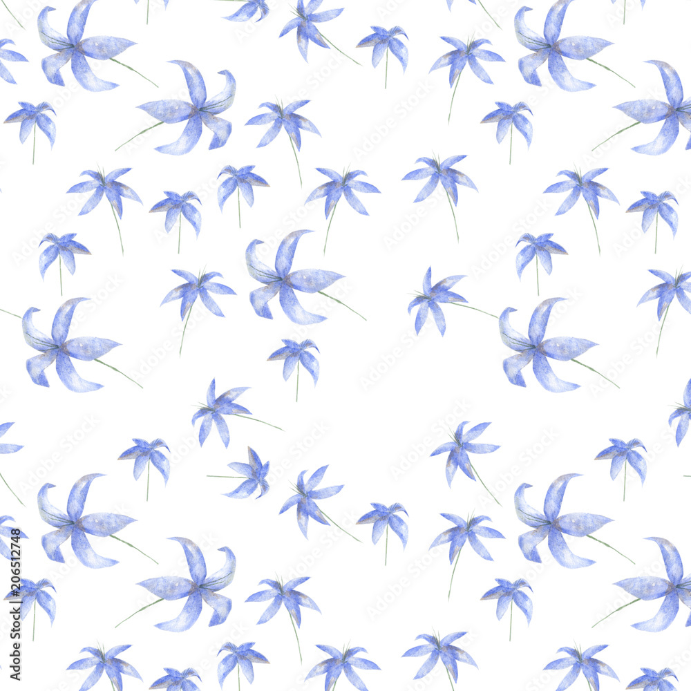 Fototapeta premium Blue watercolor flowers seamlless pattern on white background