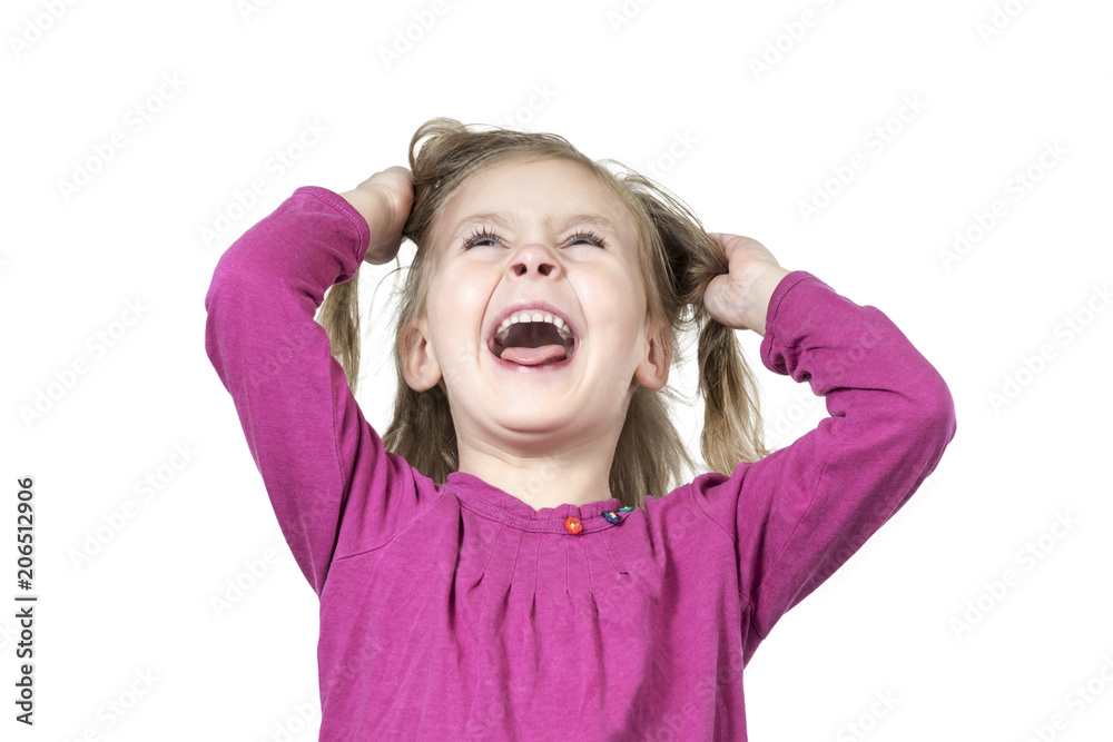 Little girl pulls her hair and screams isolated on white background Little girl pulls her hair and screams isolated on white background