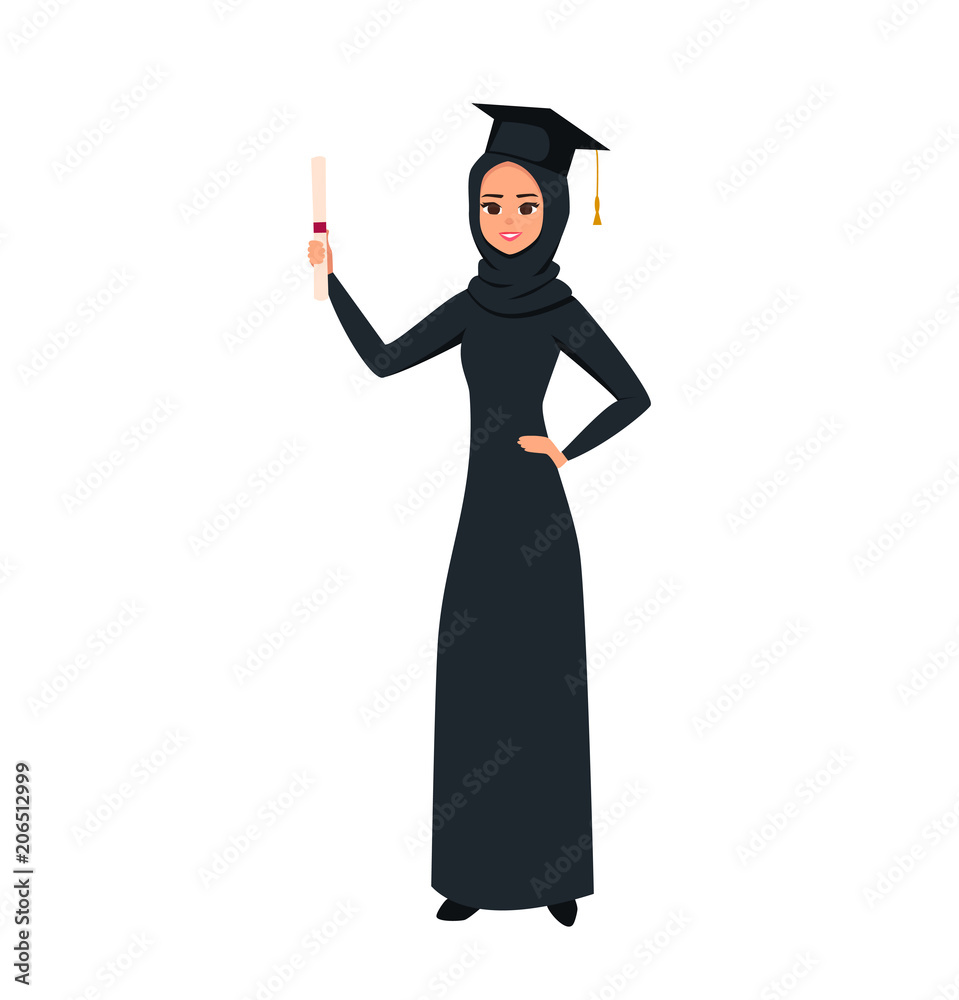 The happy graduate Arab girl student of the College or University. Islamic graduate woman holding a diploma in her hand. vector illustration isolated from white background The happy graduate Arab girl student of the College or University. Islamic graduate woman holding a diploma in her hand. vector illustration isolated from white background