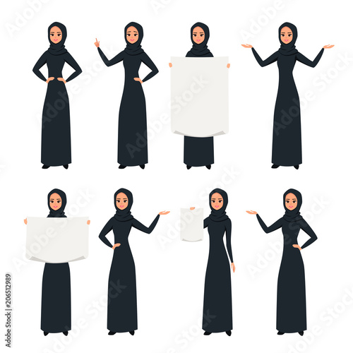 Set of Cartoon Arab woman character design with hijab. Smiling girl in hijab presenting something with different poses. Young Moslem businesswoman wearing scarf.Vector illustration isolated from white