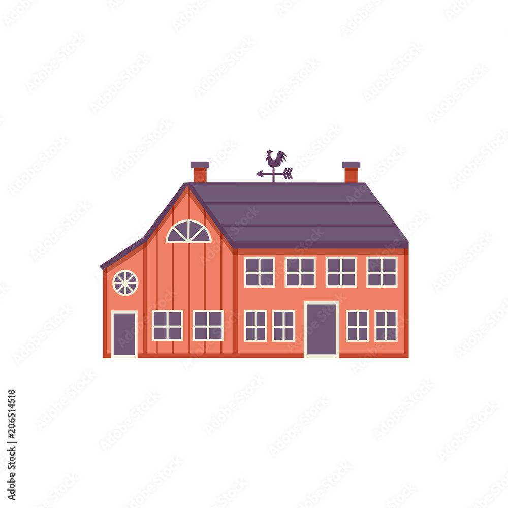 Red wooden farm barn in flat style isolated on white background. Agricultural building for livestock or equipment - colorful vector illustration of ranch house exterior. Red wooden farm barn in flat style isolated on white background. Agricultural building for livestock or equipment - colorful vector illustration of ranch house exterior.