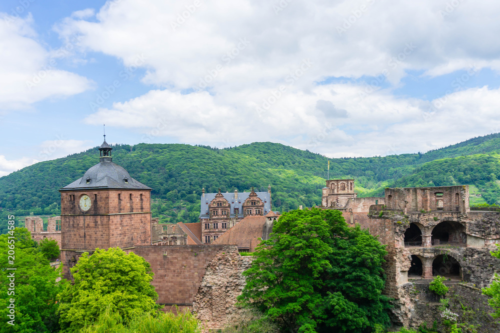 Schloss Burg Schlossruine Burgruine in Heidelberg bei blauen Himmel und wolken