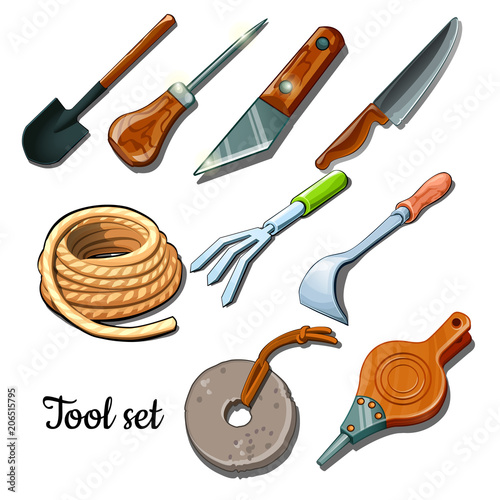 The universal set of tools and fixtures is isolated on a white background. Cartoon vector illustration close-up.
