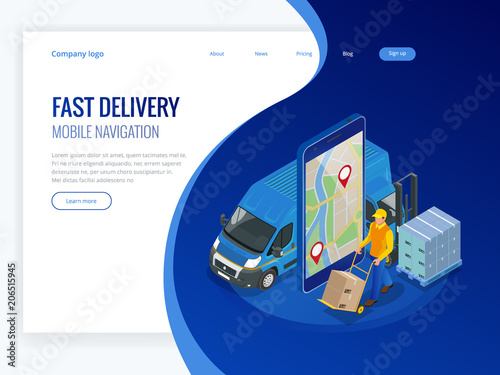 Isometric online Express, Free, Fast Delivery, Shipping concept. Checking delivery service app on mobile phone. Delivery-truck with cardboard box, mobile phone background. Vector illustration
