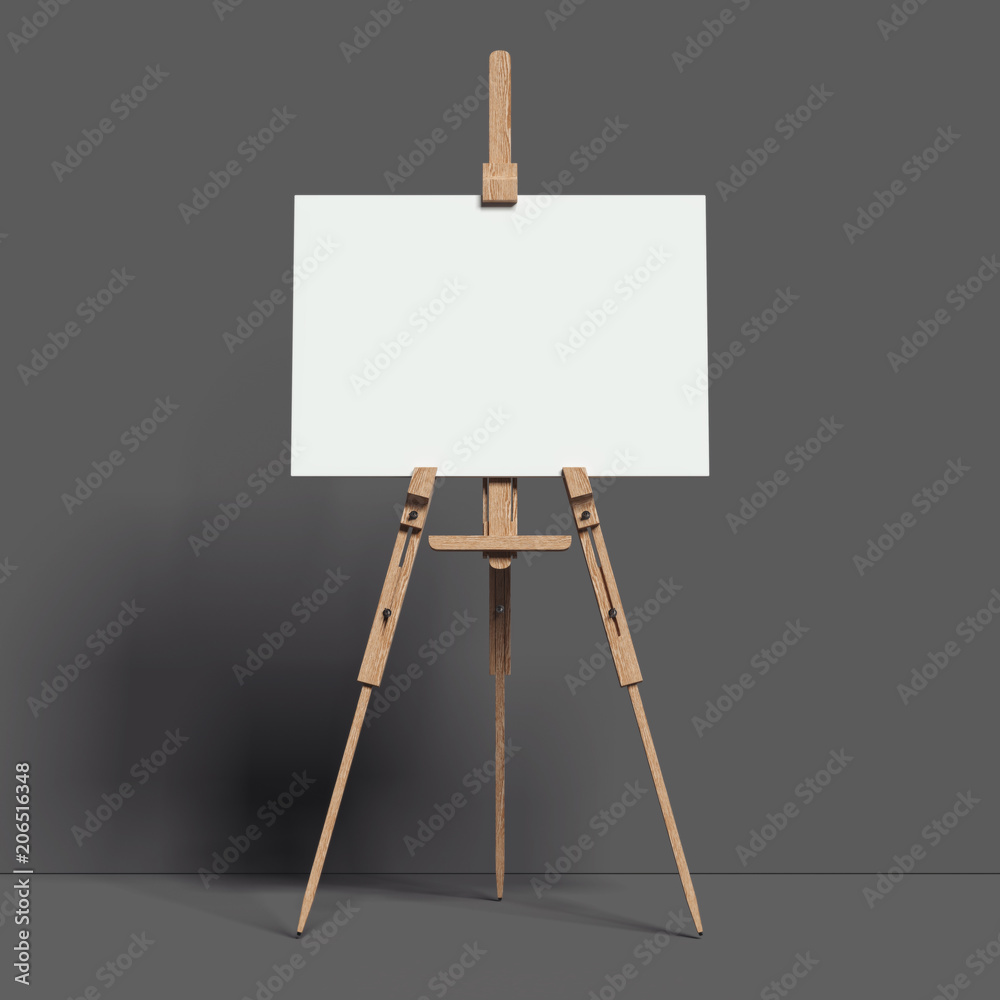 White easel stands next to dark wall, 3d rendering White easel stands next to dark wall, 3d rendering