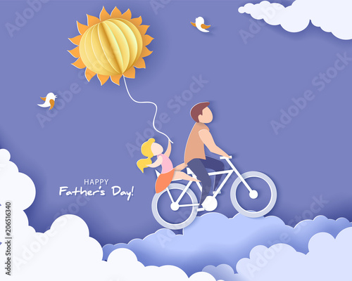 Handsome man and his daughter bicycling with air balloon sun shaped. Happy fathers day card. Paper cut style. Vector illustration