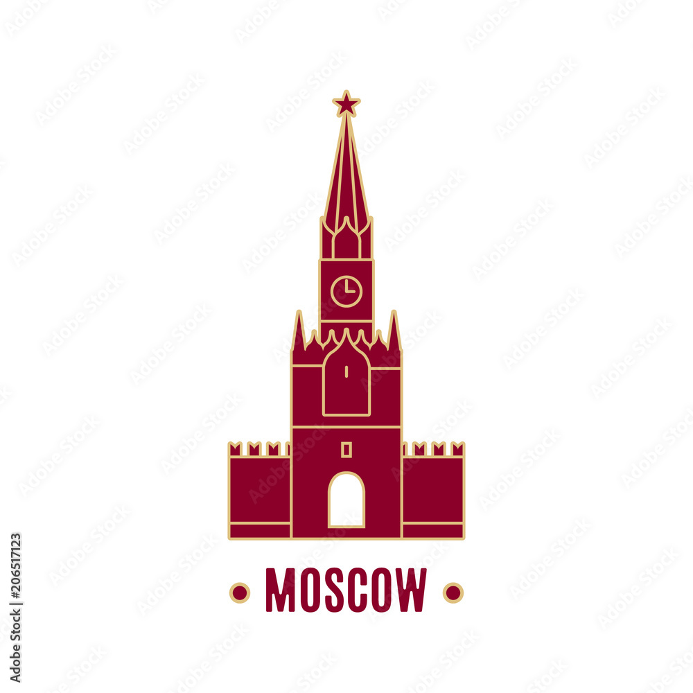 Illustration of Spasskaya tower isolated on white background. Line art. Kremlin tower. Moscow landmark.