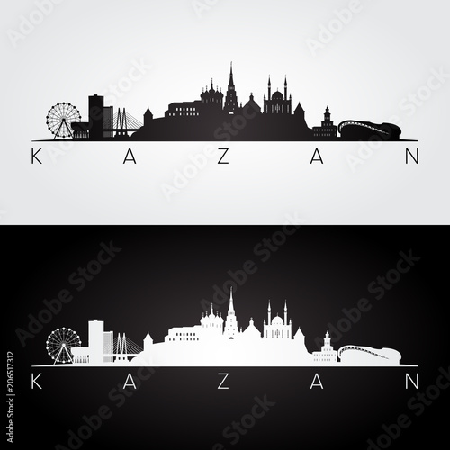 Kazan skyline and landmarks silhouette, black and white design, vector illustration. photo