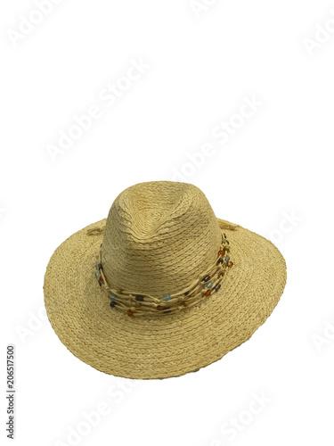 Straw hat with jewelry of colored glass.