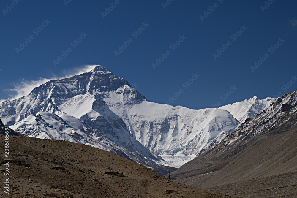 Mount Everest from the base camp in Tibet A
