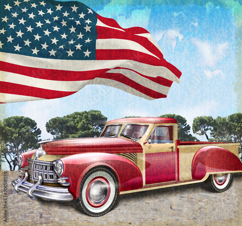 Red vintage pick up truck with American flag.