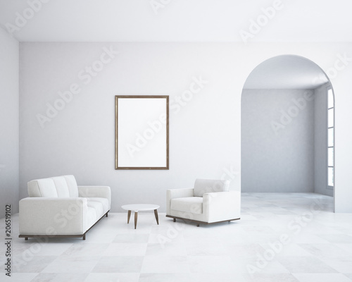 White living room, poster arched door