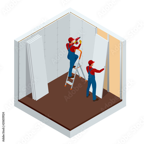 Isometric man installing drywall gypsum panels vector illustration. Construction building industry, new home, construction interior. photo
