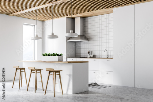 White modern kitchen interior, side view