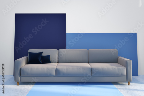 Cubism style living room, gray sofa