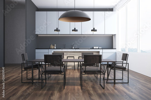 Gray dining room and kitchen interior close up