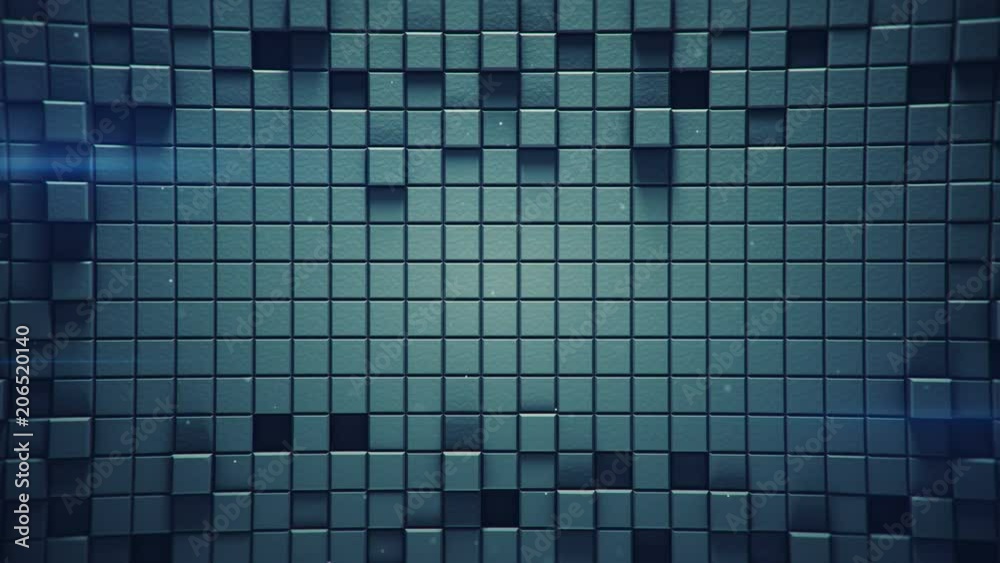 Surface of blue cubes and light flares. Abstract motion background. 3D ...