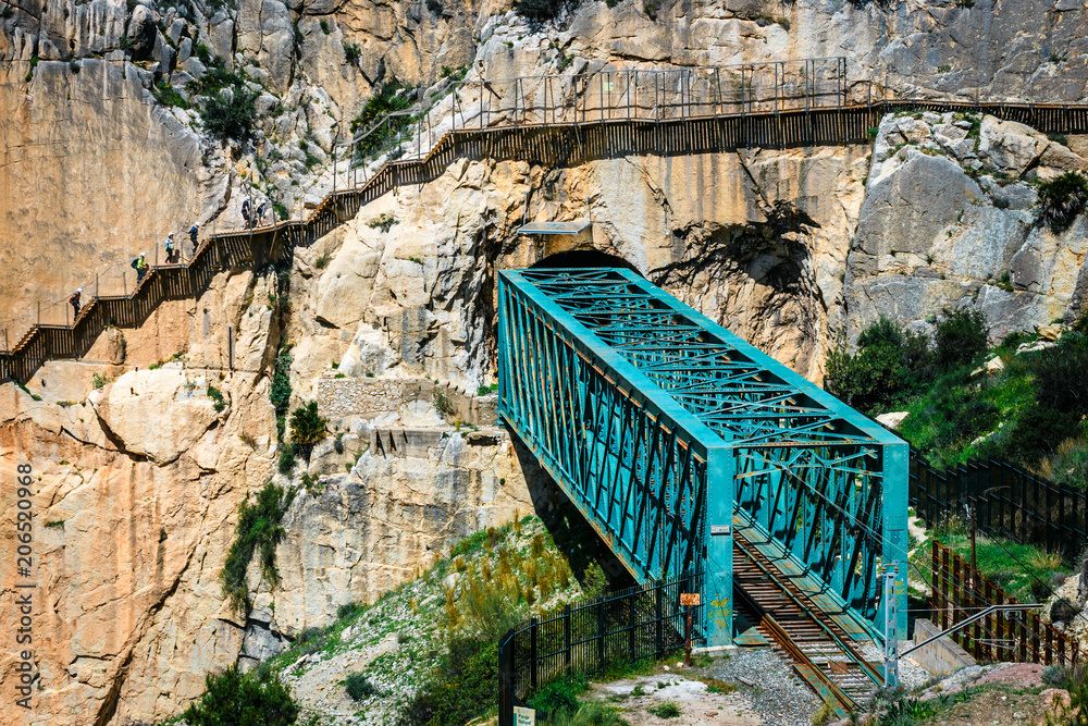 Foto Stock El Caminito del Rey with train iron bridge in Malaga, Spain. End  of the tourist trail | Adobe Stock