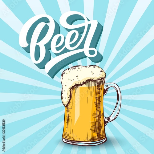 Beer hand lettering, custom typography, cartoon letters on retro striped background with glass sketch. Vector type illustration.