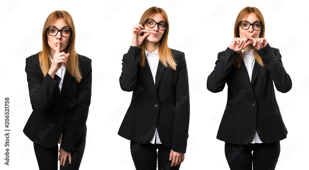 Set of Young business woman making silence gesture