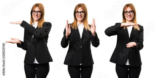 Set of Young business woman holding something