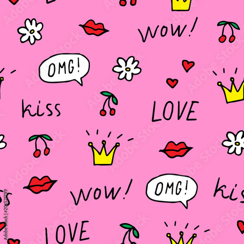 Cute seamless pattern of hand drawn doodle elements on pink background. Cherry, lips, crowns, flower, speech bubbles, words love, wow, omg, kiss. Vector illustration