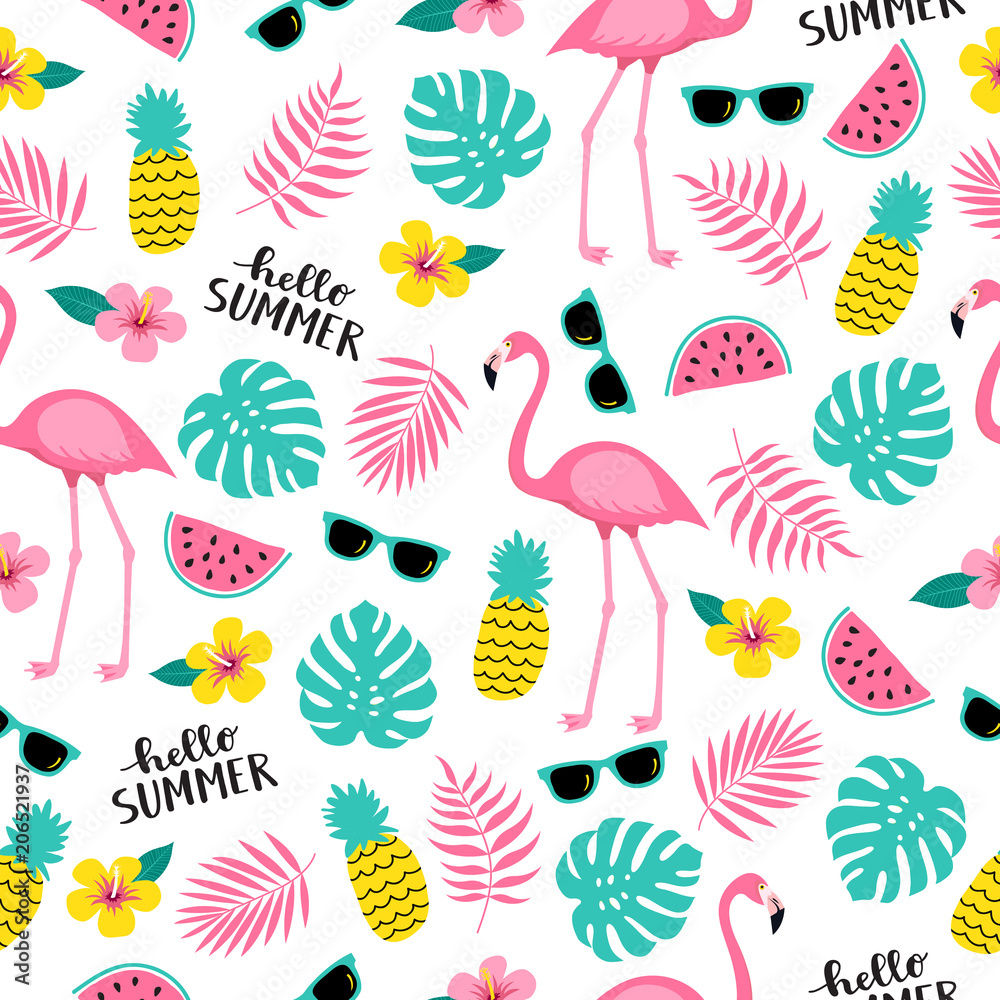 Summer seamless cute colorful pattern with flamingo, pineapple, tropical  leaves, watermelon, flowers, sunglasses on white background. Vector  illustration Stock Vector