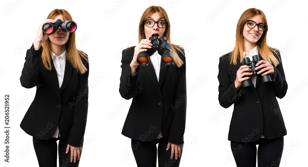 Set of Young business woman with binoculars