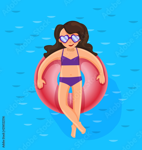 Cheerful cute girl on a colorful ring float in a summer pool,summer vacation concept,vector illustration
