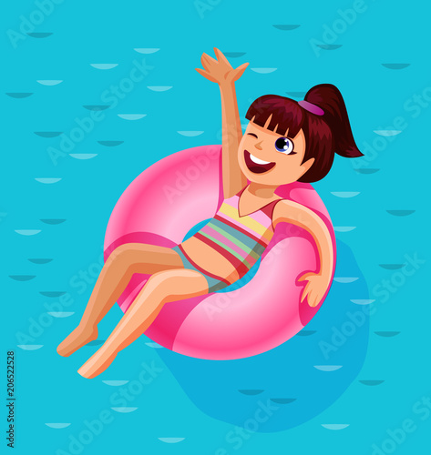 Cheerful cute girl on a colorful ring float in a summer pool summer vacation concept vector illustration