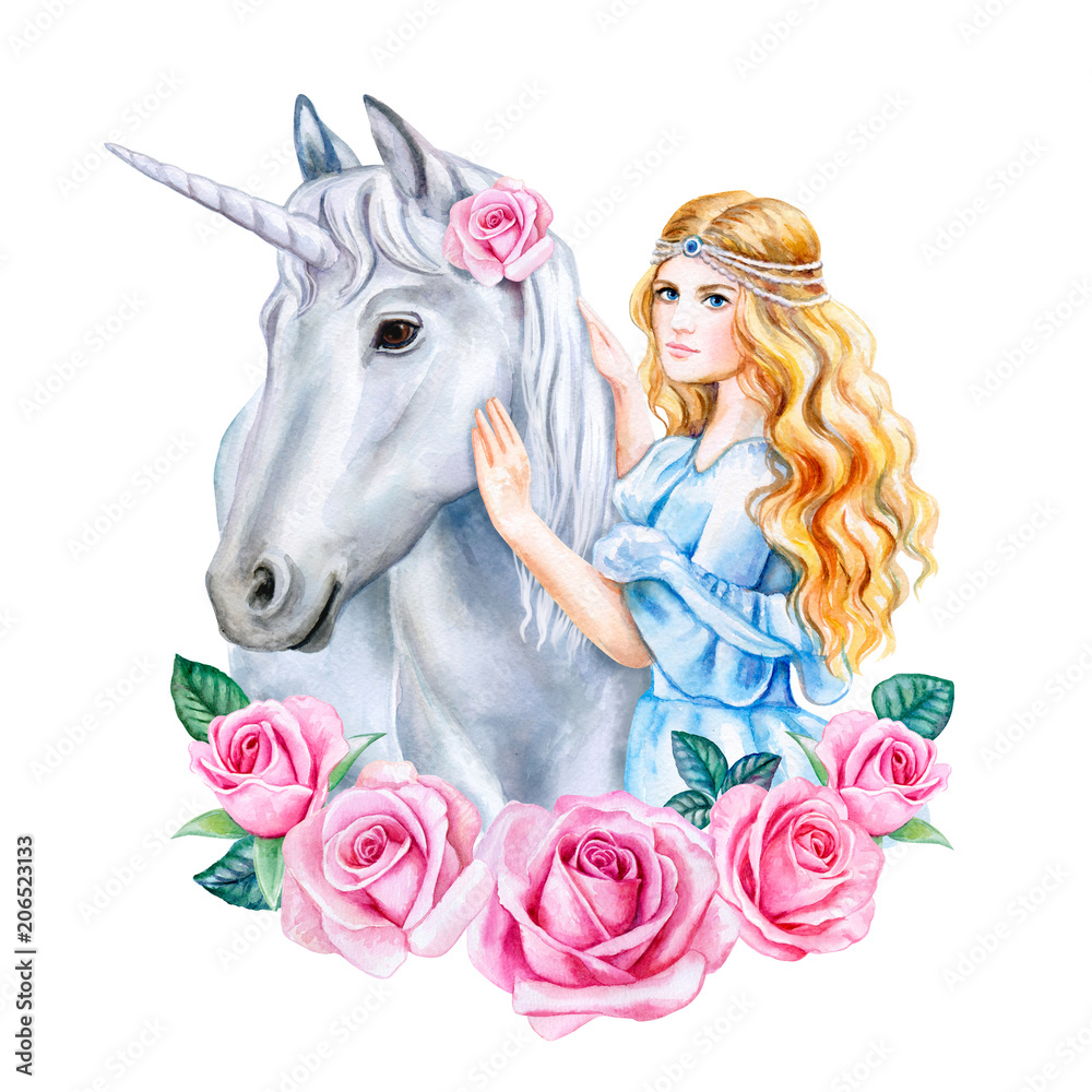 Naklejka Unicorn and princess with flower frame isolated on white background. Unicorn in a flower wreath. Girl with golden hair and horse. Cinderella. Watercolor. Illustration Template. Clipart. Hand drawing