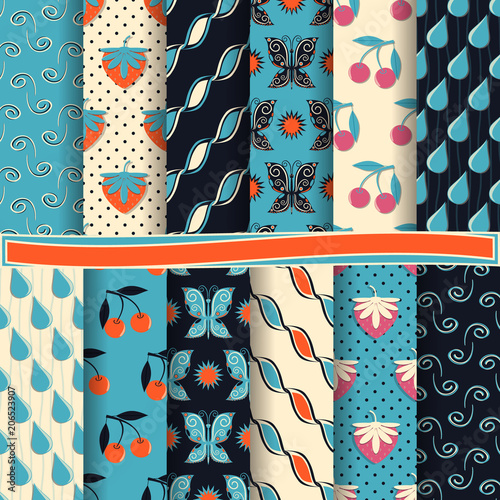 set of abstract vector paper with abstract figures, cherries, strawberries and design elements for scrapbook 