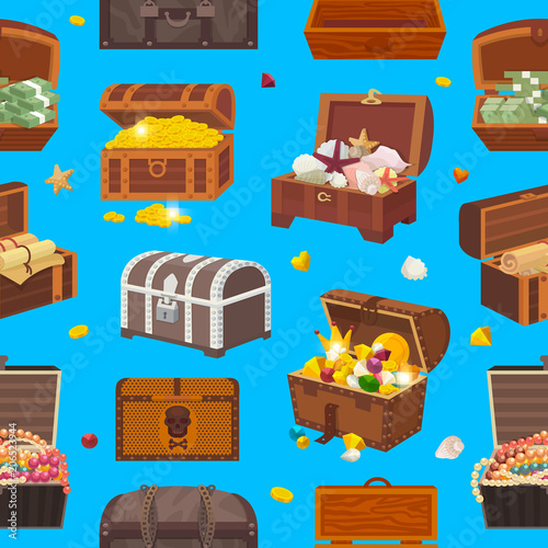 Chest vector treasure box with gold money wealth or wooden pirate chests with golden coins and ancient jewels illustration seamless pattern background