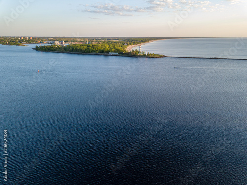 drone image. aerial view of sunset in the sea by the sea gates