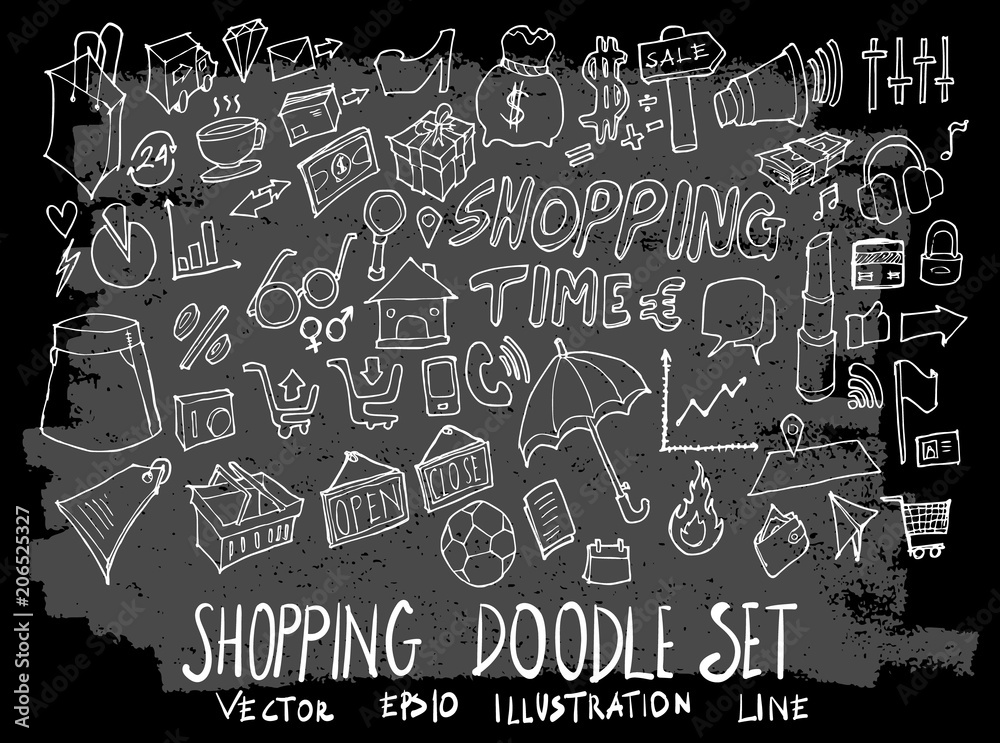 Hand drawn Sketch doodle vector shopping element icon set on Chalkboard eps10 Hand drawn Sketch doodle vector shopping element icon set on Chalkboard eps10