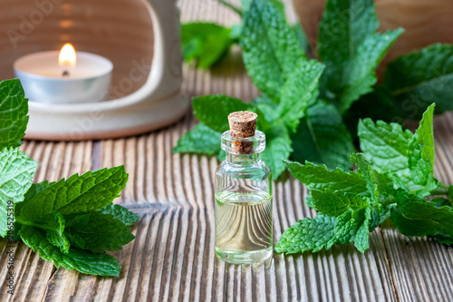 A bottle of essential oil with fresh peppermint twigs