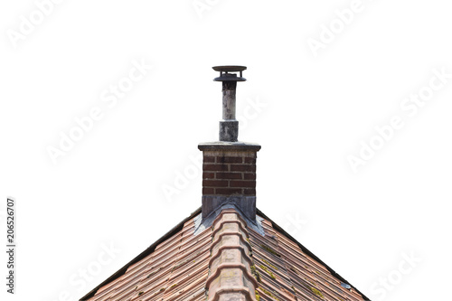 Roof made of ceramic tiles and a brick chimney. isolated photo