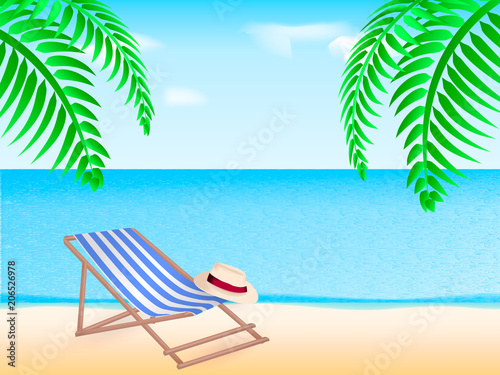 Chaise-longue at sea beach. Branch of a palm tree. Vector illustration