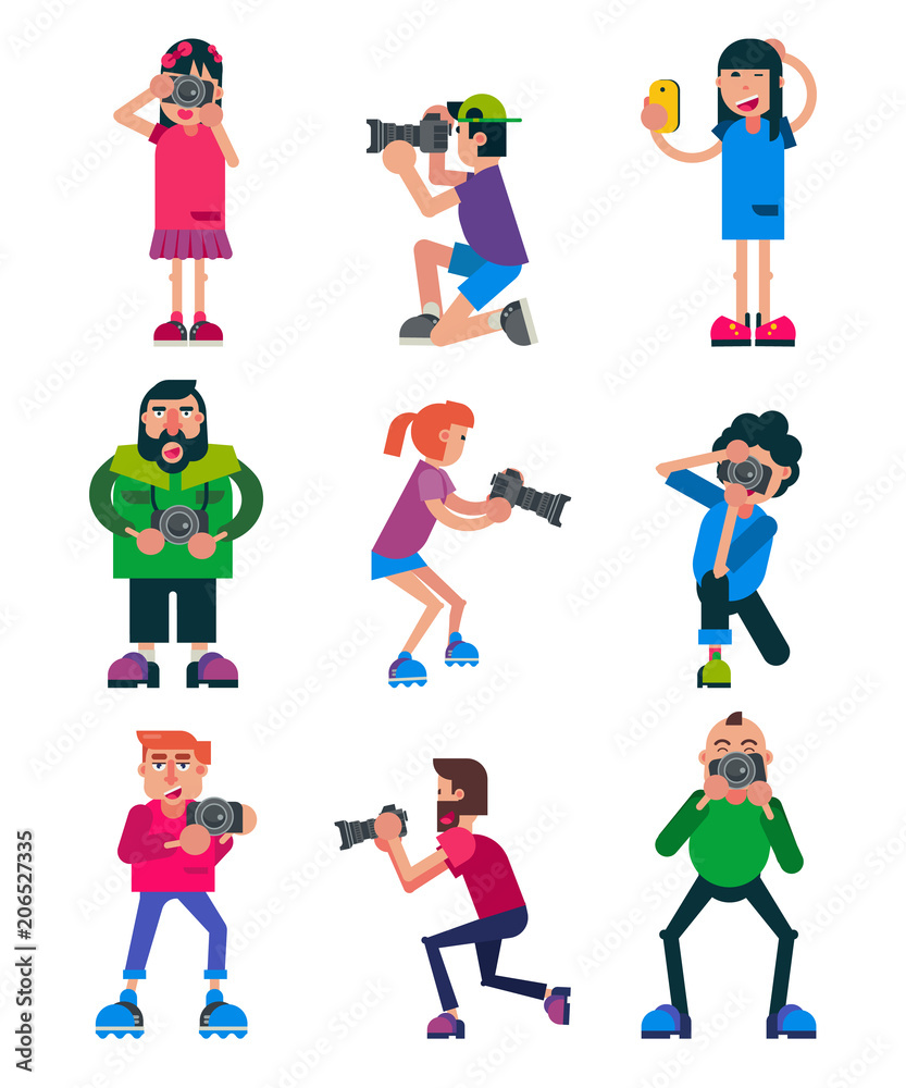Naklejka Photographer vector character with professional camera shooting photography or digital photo illustration set of person photographing self portrait or making picture isolated on white background