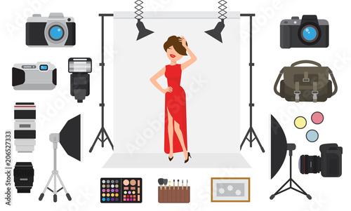 Photography vector photographing model character by professional photo camera and shooting photography woman or girl illustration set of digital equipment lens light isolated on white background