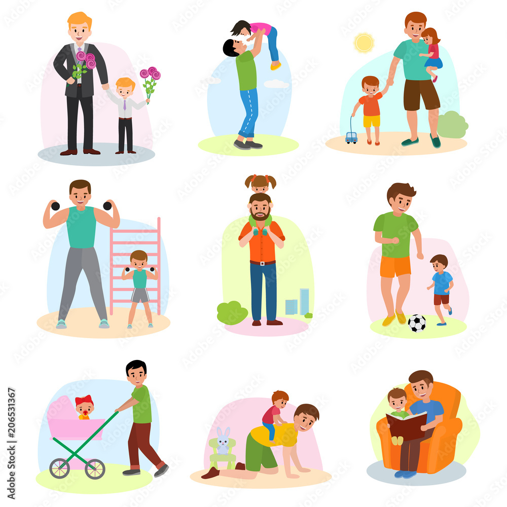 Father and child vector dad and kids daughter or son playing together or workout illustration of Fathers day set happy daddy with children isolated on white background